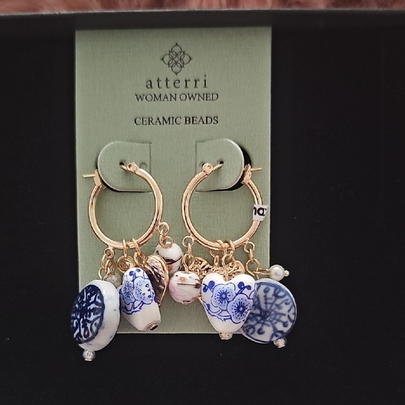 Gold and Blue Ceramic Bead Earrings - Picture 1 of 3